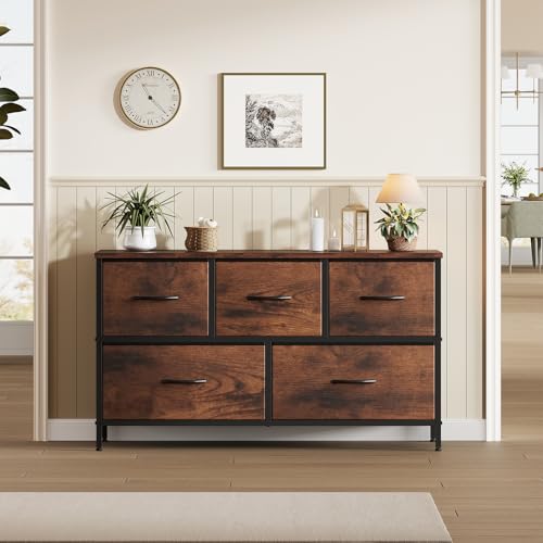 Sweetcrispy Dresser for Bedroom with 5 Storage Drawers, Fabric Storage Tower Organizer, Chest of Drawers with Metal Frame Wooden Top for Closet, Living Room, Entryway, Rust Brown - color: Brown, size: 39.4"D x 11.8"W x 20.9"H (5 Drawers)
