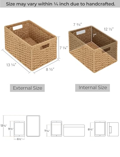 StorageWorks Round Paper Rope Storage Baskets, Rectangular Wicker Baskets with Built-in Handles, Medium, 13 ¼ x 8 ½ x 7 ¼ inches, 2-Pack - color: Light Brown (Paper Rope), size: 2x 13¼"L x 8¼"W x 7"H