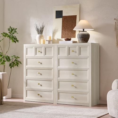 5 Drawers Dresser for Bedroom, 45.7" Tall Large Dresser & Chests of Drawers with Metal Handle, Clothes Storage Organizer Dresser w/Natural Texture for Bedroom, Living Room-Grey White - color: Beige, size: 15.6"D x 29.5"W x 45.7"H (5 Drawers)