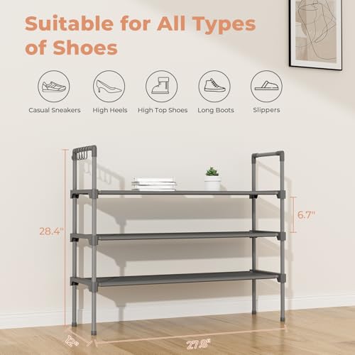 LANTEFUL 3 Tier Shoe Rack for Closet, Shoe Organizer with 5 Hooks, Long Shoe Shelf Storage for Shoe and Boot Stackable Free Standing Shoe Rack for Entryway, Garage, Small Spaces, Dorm, Grey - color: Grey, size: 27.8"W - 3 Tier