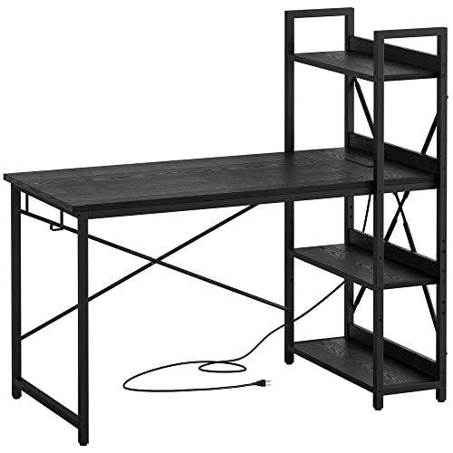 IRONCK Computer Desk 47" with Power Outlet and Storage Shelves, Study Writing Table with USB Ports Charging Station, PC Desk Workstation for Home Office, Black - color: Black, size: 47 inches