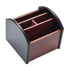 Siveit Wooden Desk Organizer, 4 Compartment Revolving Wood Desktop Organizer Office Supplies Rotating Remote Control Caddy Holder (Desk Organizer-4)
