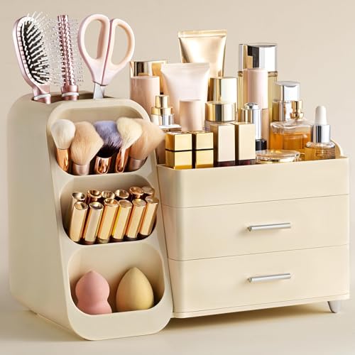 HBlife Makeup Organizer with Brush Holder for Vanity, Large Plastic Bathroom Countertop Organizer Skin Care Storage, Easy to Store Lipsticks, Nail Polishes, Perfumes, Eyeshadow Palettes, All Beige - color: All Beige, size: Large