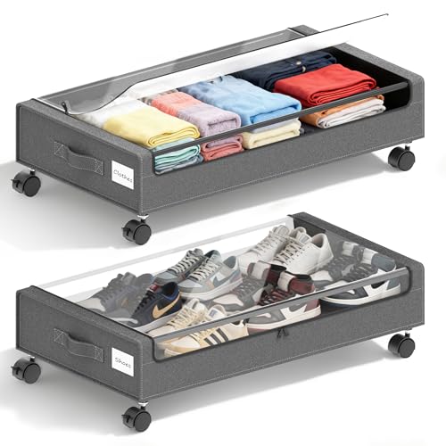 Under Bed Storage with Wheels - 2Pack 60L Underbed Storage Containers with Clear Lid & Label, Rolling Under Bed Storage Bins for Clothes, Shoes, Blankets (XL,Grey) - color: Grey, size: Large