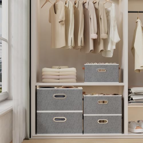 Yawinhe Fabric Storage Bins with Handles, Foldable Baskets for Shelves, Cubes with 3 Handles, Large Boxes for Clothes, Grey, 16.9''Lx11.8''Wx10.2''H, 4-Pack - color: Grey, size: 16.9x11.8x10.2inch(4-Pack)