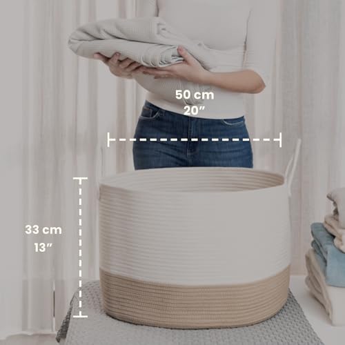 OrganiHaus Large Woven Storage Basket for Blankets and Toys 20" x 13" Inch, Rope Laundry Basket with Handles, Cushions & Pillows Storage Bin, Nursery Hamper, Soft Round Dog Toy Bin - Honey/Off-White - color: Honey / Off-White, size: Wide