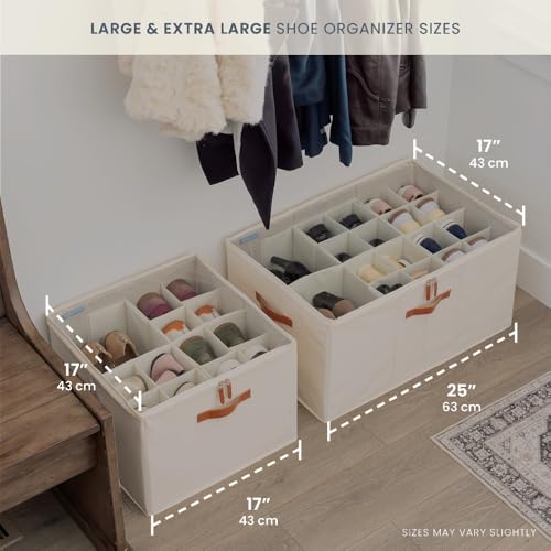 OrganiHaus Large Shoe Storage Bin for Closet, Shoe Organizer Box Fits up to 16 Pairs, Collapsible Fabric Shoe Basket w/Clear Cover, Adjustable Dividers & Reinforced Handles, Off-White - color: Off-White