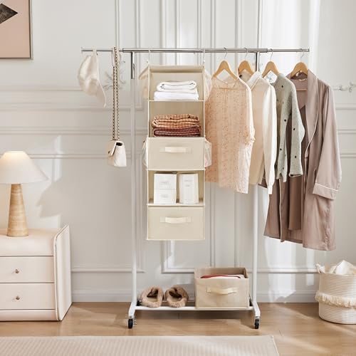 MAX Houser 5 Tier Shelf Hanging Closet Organizer, Cloth Hanging Shelf with 2 Sturdy Hooks for Storage, Foldable (Beige-D2) - color: Beige