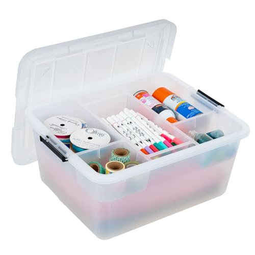 IRIS USA 18 QT Clear Storage Organizer with Removable Dividers, Stackable Plastic Storage Box with Lid, Modular Container for Crafts, Tools, Office & Pantry Organization - size: 18 Qt, style: w/ Tray