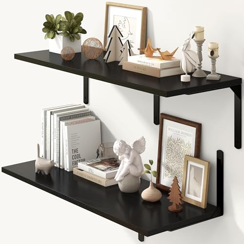 Fun Memories Floating Shelves for Wall, 12 Inch Deep Floating Shelves Set of 2, Wall Mounted Shelf with Metal Brackets, Rustic Wood Wide Shelf for Bathroom, Kitchen and Living Room, Black, 36W x 12D - color: Black- L Bracket, size: 36"W x 12"D