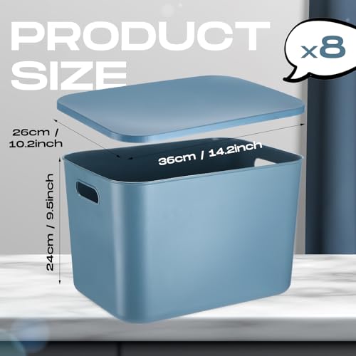 Hoolerry 8 Pieces Colorful Storage Bins with Lid, Plastic Storage Basket Organizing Container Stackable Box with Handle for Shelves Desktop Playroom Office(14.2 x 10.2 x 9.5 Inch,Blue) - color: Blue, size: 14.2 x 10.2 x 9.5 Inch
