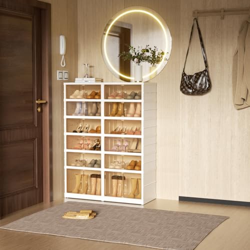6-Tier Portable Shoe Rack Organizer for Closet, 24 Pairs Shoe Container Bins, Clear Plastic Collapsible Shoes Storage Box, Stackable Sneaker Storage Shoe Cabinet with Door - size: 6 Tiers - 24 Pairs