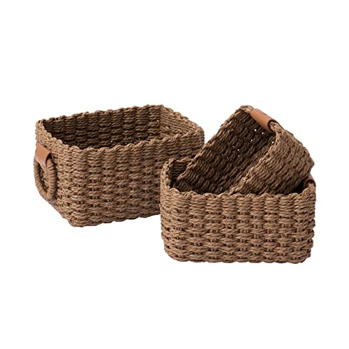 LA JOLIE MUSE Woven Storage Baskets, Recycled Paper Rope Bin Organizer Divider for Cupboards Drawer Closet Shelf Dresser, Set of 3 (Brown) - color: Brown
