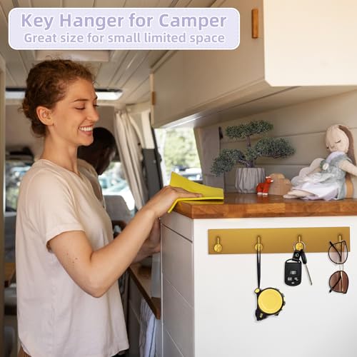 VIS'V Key Holder Wall Mount, Large Metal Self Adhesive Key Hanger with 4 Hooks, No Drilling, Extra Adhesive Strip, Gold - color: Gold