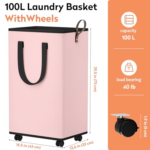 SpaceTrove Laundry Basket with Wheels, Collapsible Laundry Baskets, Laundry Hamper with Handles Detachable Wheels, Rolling Laundry Basket, Dirty Clothes Hamper for Bathroom, Dorm, Bedroom, Pink, 100L - color: Pink, size: 100L