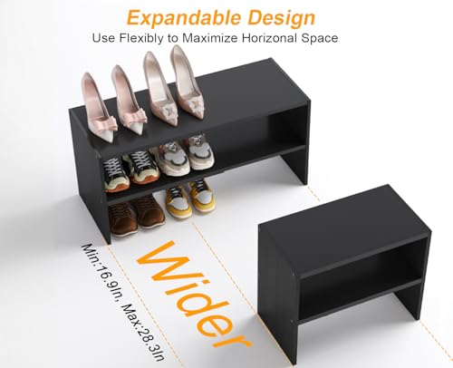 Black Shoe Rack Organizer for Closet, 2-Tier Expandable Shoe Shelf, Stackable Iron Wood Combination Small Shoe Racks Shelves for Closets, Entryway,Small Space,Hallway,Garage,6-12 Pairs - color: Black, size: 1 Pack (2 Tier)