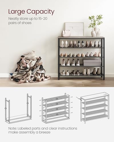 VASAGLE INDESTIC Shoe Rack, Organizer for Closet with 4 Mesh Shelves and Large Top for Bags, Entryway Hallway Shelf, Steel Frame, Industrial, Greige and Black ULBS015B02, 11.8 x 39.4 x 36.4 Inches - color: Greige, size: 5 Tiers (39.4"W)