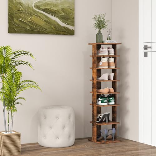 COSTWAY 8-Tier Vertical Shoe Rack, Tall Narrow Shoe Storage Organizer with Removable Shelf for Boots, Anti-Tipping Kit, Space-Saving Shoe Stand with for Small Place, Entryway, Closet (Rustic Brown) - color: Rustic Brown