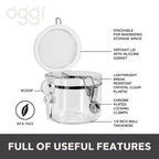 OGGI Clear Canister Airtight 28oz - Clamp Lid & Spoon - Airtight Food Storage Containers, Ideal for Kitchen & Pantry Storage of Bulk, Dry Food Including Flour, Sugar, Coffee, Rice, Tea, Spices & Herbs - size: 28 Fluid Ounces