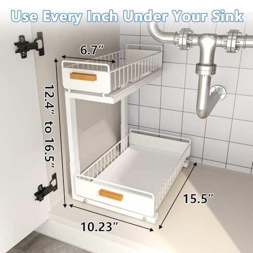 Under Sink Organizer Kitchen - Upgraded Professional Rails, 2 Tier Dual Pull Out Cabinet Storage, Height Adjustable Under Sink Storage, Metal Sliding Drawer for Kitchen & Bathroom, White, 2 Pack - color: White-2 Pack, size: Double Layer