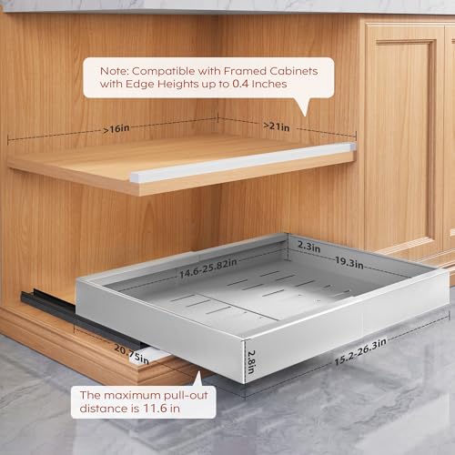 Seinloes 2 Pack Pull Out Cabinet Organizers 21" Deep With Raising Pad for Framed Cabinets, Expandable Width (15.2"-26.3") Slide Out Drawers Upgrade 3 Slide Rails, Roll Out Shelves Adhesive, Silver - color: Silver, size: 15.2"-26.3"Wide x 21"Deep(2 Pack)