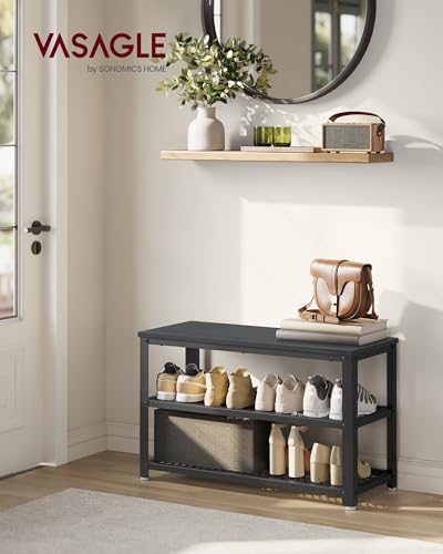 VASAGLE 3-Tier Shoe Rack, Shelf Storage Bench with Metal Mesh Shelves and Seat, Free Standing Shoe Organizer for Entryway, 11.8 x 28.7 x 17.7 Inches, Ebony Black and Black ULBS073B06 - color: Ebony Black + Black, size: 28.7"W x 17.7"H, style: Bench