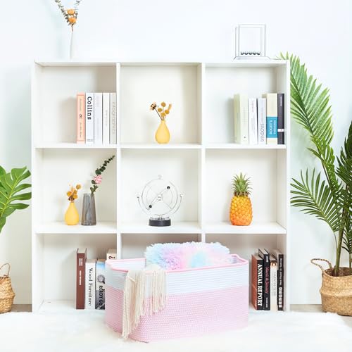 MINTWOOD Design 22in Extra Large Blanket Basket Holder Living Room, Rectangle Rope Woven Storage Basket with Handles for Laundry, Pool Towels, and Shoes, Dog Toy Organizer Bin Box, Light Pink - color: Light Pink