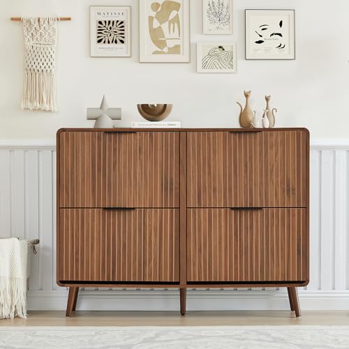 FurSch 47" Fluted Large Shoe Cabinet with 4 Flip Drawers, Slim Freestanding Shoe Cabinet Organizer, Narrow Shoes Storage Rack for Entryway, 5 Sturdy Legs (All Walnut, 9.45" D x 47.24" W x 35.83" H) - color: All Walnut, size: 4 Drawers