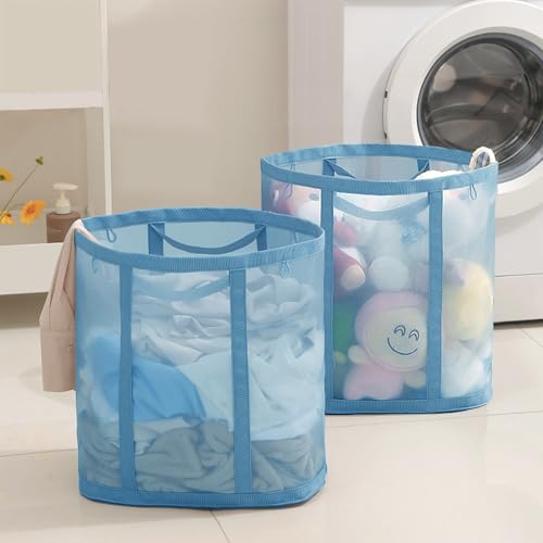 Mesh Bag with Handles, Collapsible Laundry Basket, Foldable Laundry Bag, Breathable Folding Beach Bag,Space-saving Travel Tote Bags (1, Blue) - color: Blue