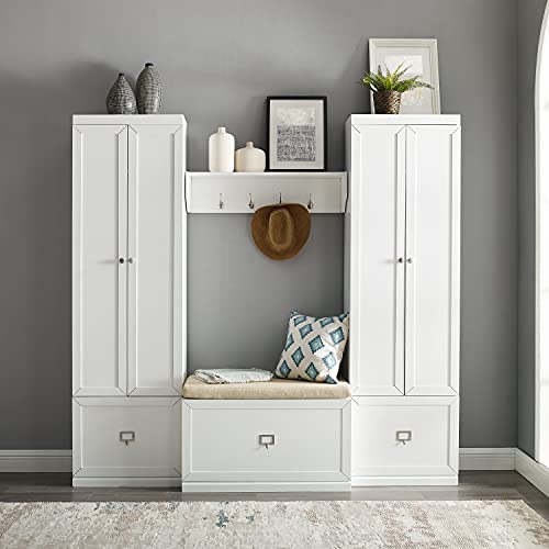 Crosley Furniture Harper 4-Piece Storage Cabinet, Shoe Rack Bench, and Wall Shelf Set with Coat Hooks, White