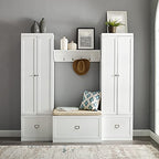 Crosley Furniture Harper 4-Piece Storage Cabinet, Shoe Rack Bench, and Wall Shelf Set with Coat Hooks, White