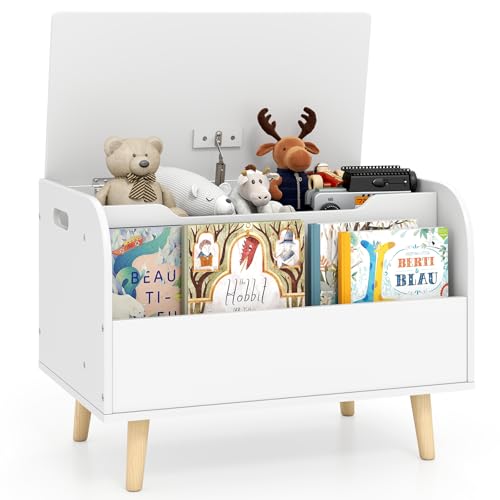 Costzon Kids Wooden Toy Box w/Front Bookshelf, Toy Storage Organizer w/ 4 Solid Wood Legs, Flip-top Lid, Safety Hinge & Cut-Out Handle, Toy Chest for Kids Room, Playroom, Nursery & Classroom - color: White, style: With legs