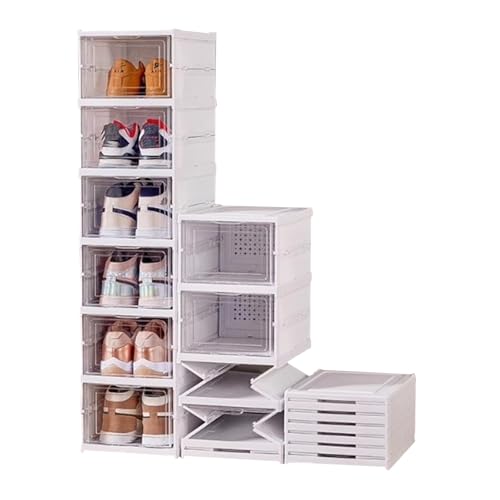 Foldable Shoe Rack,No Assembly Stackable Shoe Storage Box with Doors,Free Standing Plastic Space Saving Shoe Cabinet Bins Dustproof,Folding Shoe Box Organizers (9 Tier-9 Pairs White) - size: 9 Tier-9 Pairs White