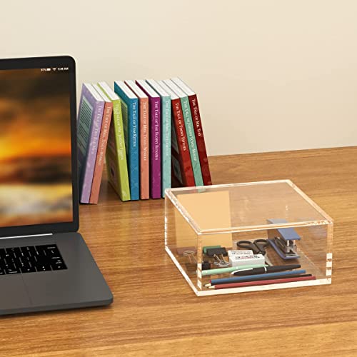 AITEE Decorative Acrylic Box with Lid, Clear Cube Display Case, Multi-Purpose Box Square Container for Holding Staples, Adhesive Tape, Paper Clips, Stamps, Display in Office or Home (X-Large) - size: X-Large