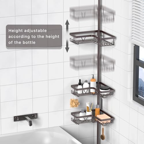KEGII Shower Caddy Tension Pole with 2 Towel Bars, Adjustable Corner Bathroom Organizer, Rustproof Bathtub Storage Shelves for Shampoo, 25–114.2 Inch Shower Corner Rack for Renters & Family, Bronze - style: Tension Caddy & Towel Bar - Brown