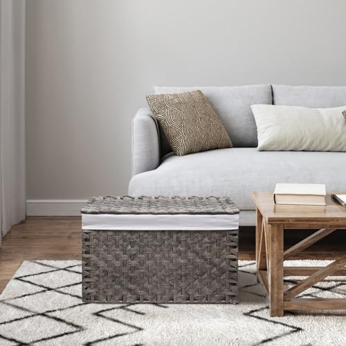 Wicker Storage Basket with Lid, 42.3 Gallon (160L) Large Blanket Basket with Lid, Woven Storage Bin with Handles, Removable Liner, Metal Frame, Foldable, for Bedroom, Laundry Room, Grey - color: Grey, size: 160L:17.7 x 29.9 x 18.1 Inches