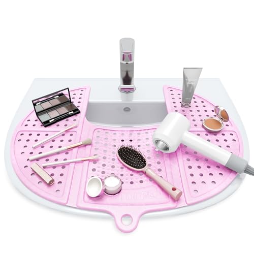 Sink Topper Bathroom Counter Cover & Storage Saver, Foldable Silicone Mat for Hot Tools, Hair Styling & Makeup, Beauty Brush Cleaning Mat, RV Camper Sink Cover & for Small Spaces (Standard Pink) - color: Pink, size: Standard