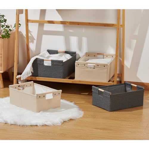2PCS Storage Bins Cotton Linen Fabric Storage Boxes Basket with Wooden Handles Label Tag Foldable Washable Decorative Shelf Container Clothes Organizer Home Laundry - Large Size, Beige - color: Beige, size: Large (Pack of 2)