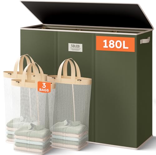 SOLEDI 180L 3-Section Laundry Hamper with Lid, Extra Large Dirty Clothes Basket with Sturdy Handles for Laundry Room & Bedroom - Durable Organizer for Sorting Laundry - color: Avocado Green, size: 180L