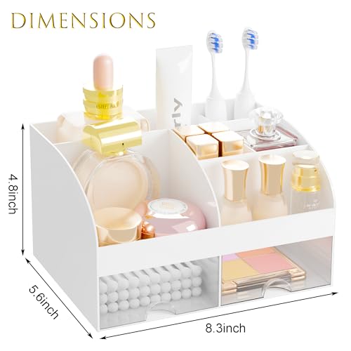 Makeup Organizer with 2 Drawers, Cosmetic Storage for Dresser Vanity and Bathroom Countertop,Make up organization and Skincare Storage with Beauty Brush Holder, Cosmetic Display Case (White) - color: White