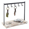 MyGift Black Metal Entryway Key Holder with 5 Hooks and Shabby Whitewashed Wood Base, Tabletop Necklace and Jewelry Organizer Rack with Ring Tray - color: Whitewashed