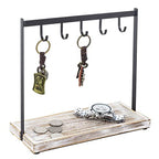 MyGift Black Metal Entryway Key Holder with 5 Hooks and Shabby Whitewashed Wood Base, Tabletop Necklace and Jewelry Organizer Rack with Ring Tray - color: Whitewashed