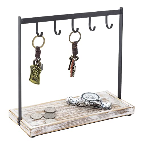 MyGift Black Metal Entryway Key Holder with 5 Hooks and Shabby Whitewashed Wood Base, Tabletop Necklace and Jewelry Organizer Rack with Ring Tray - color: Whitewashed