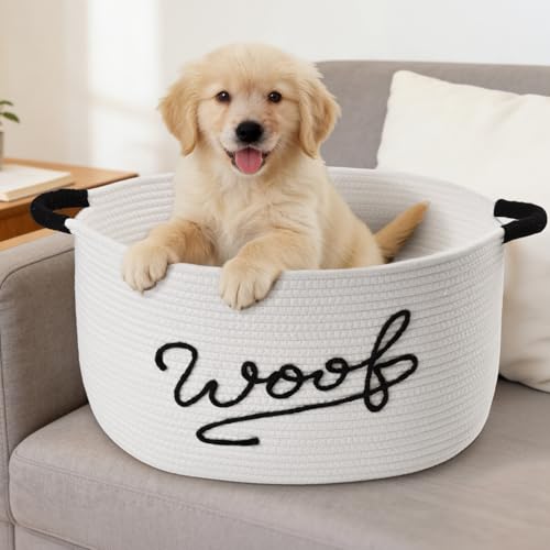 Woof Dog Toy Basket, Large Dog Toy Storage Bin with Durable Handles, Woven Dog Basket for Blankets, Toys, Chews, Pet Toy Storage Box for Nursery, Living Room, Bedroom, 17”x12”x9, White - color: White