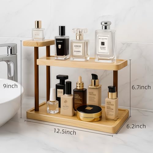 Bathroom Countertop Organizer,Vanity Organizer and Storage for Cosmetic Skincare Perfume, Ideal Storage Solution for Perfumes, Cosmetics, Spices, Handmade Toys, Office Supplies. - color: wooden color
