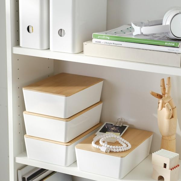 Lidded Storage Box with Bamboo Lid – White, 7x10¼x3¼, Stackable Organizer for Home, Office, or Bathroom