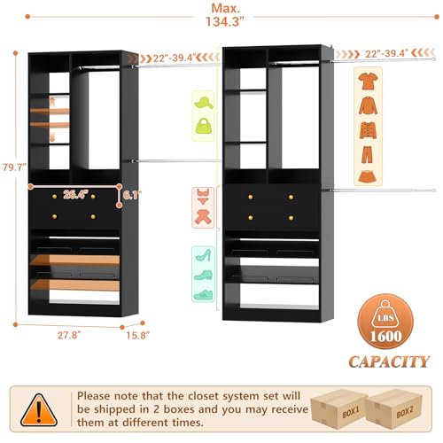 Besiost Closet System, Up to 134"/11.2 FT Closet Organizer with 4 Wooden Drawers and Shelves, Walk-in Closet System with 6 Hanging Rods, Built-in Closet Can Fit 96"/8FT, 120"/10FT, Black - color: Black, size: Style A: 77.6"—134"(W)