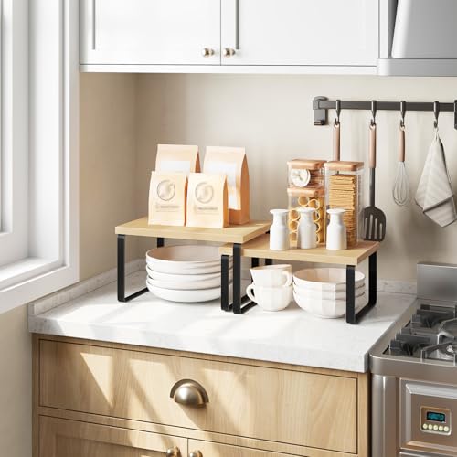 HOOBRO Cabinet Organizer Shelf, Set of 2, Kitchen Countertop Organizer, Kitchen Countertop Shelf, Spice Rack for Counter, Stackable, Expandable for Cabinet, Kitchen, Natural and Black BN33TL01 - color: Natural+ Black
