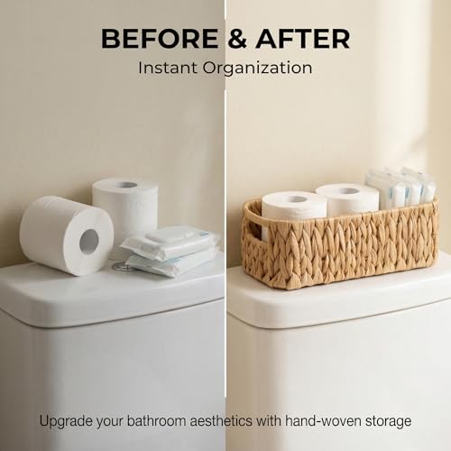 Toilet Paper Storage 2-Pack, Water Hyacinth Wicker Over the Tank Toilet Paper Holder & Narrow Bathroom Basket for Tissue Rolls, Countertops and Water Tank Covers