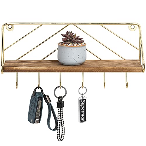 MyGift 12.5 Inch Burnt Solid Wood Hanging Display Shelf and Key Holder Rack, Wall Mounted Entryway Organizer with Brass Tone Metal Wire Chevron Design 6 Hooks